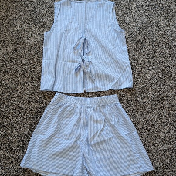 Women Casual Summer Lounge Set Sleeveless Tie Front Top Blue Stripe Small - Picture 1 of 5